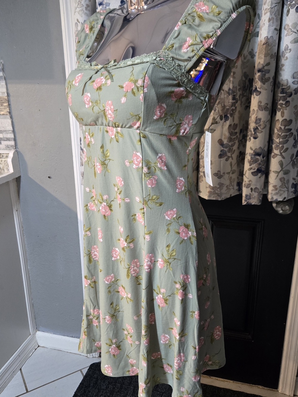 Derek Heart Sage Green Floral Mini Dress with Pink Roses - Picture 3 of 7